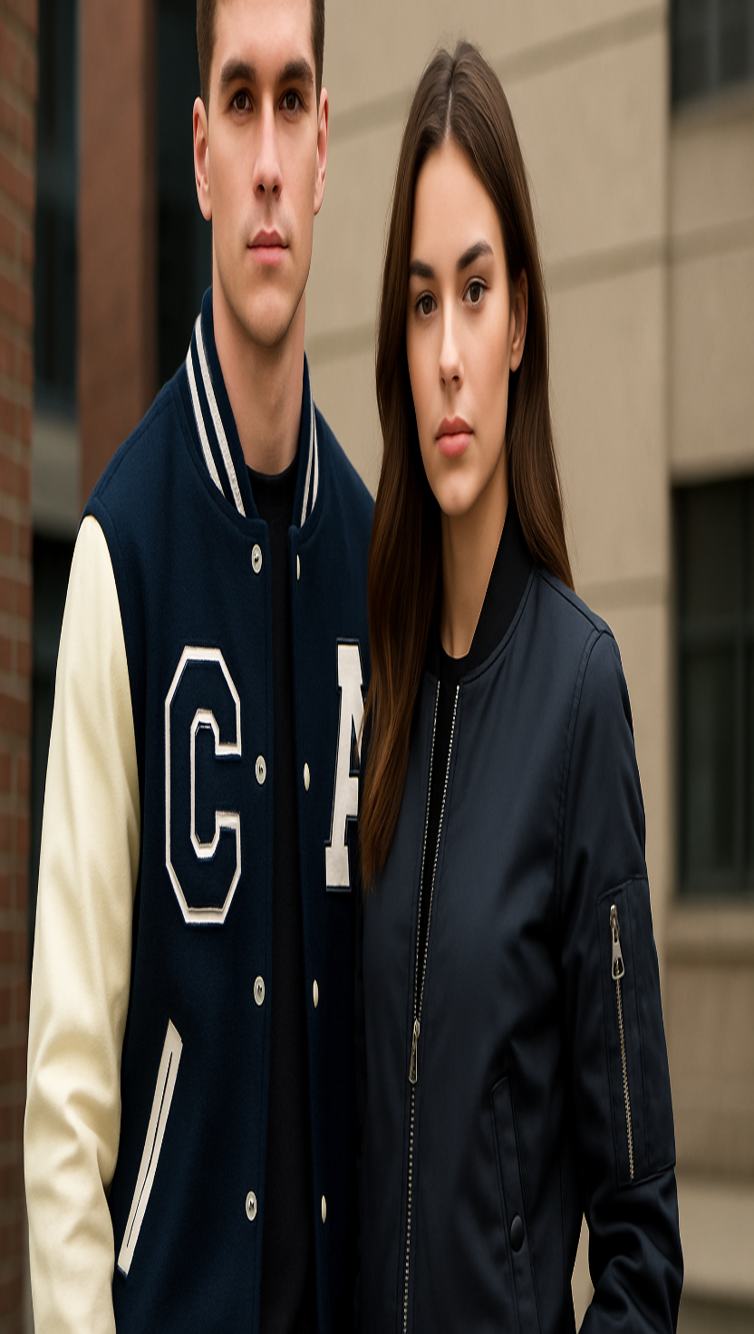 this image is of size 832 by 1472 pixel, it has a man wearing varsity jacket and woman wearing bomber jacket