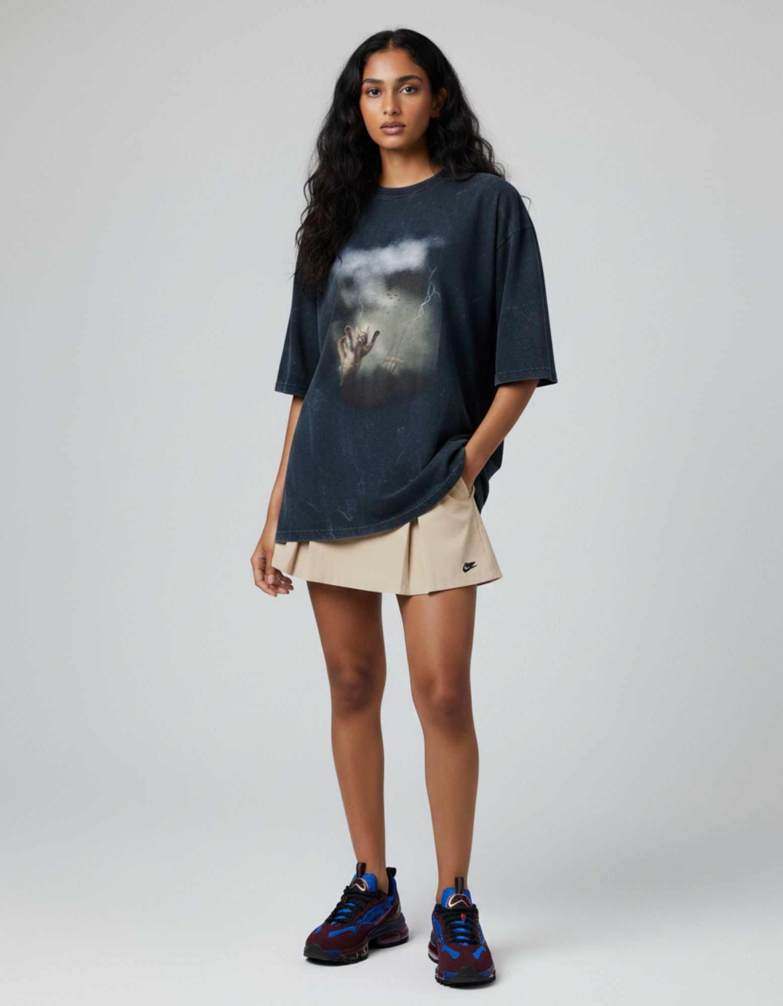 Unisex Cat In Storm Acid Washed Oversized Tee Navy Blue | Premium Cotton Tshirt | Premium Cotton