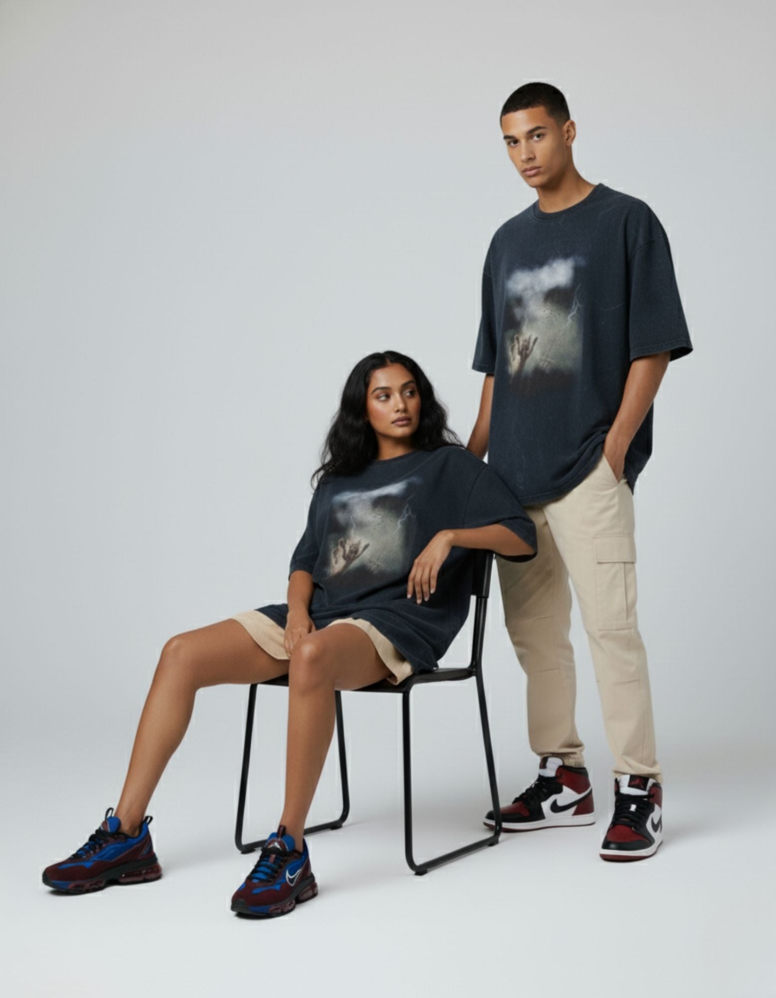 Unisex Cat In Storm Acid Washed Oversized Tee Navy Blue | Premium Cotton Tshirt | Premium Cotton