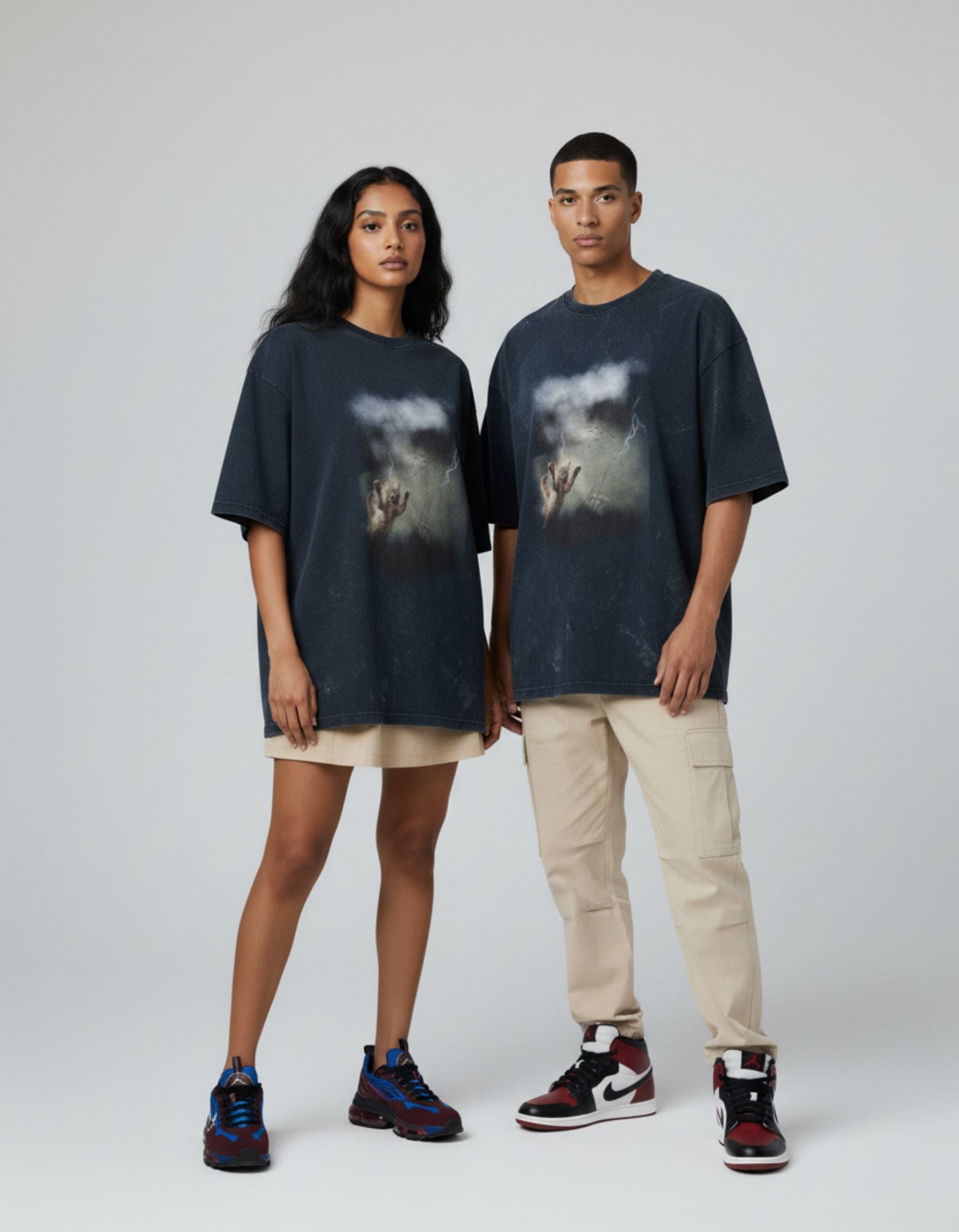 Unisex Cat In Storm Acid Washed Oversized Tee Navy Blue | Premium Cotton Tshirt | Premium Cotton